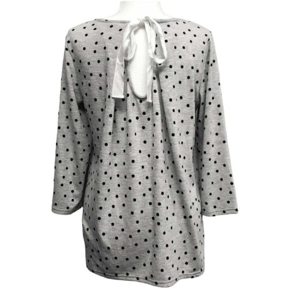 MARKET & SPRUCE Women's Large Gray Black Polka Dot Knit Sweater Ribbon Tie Back